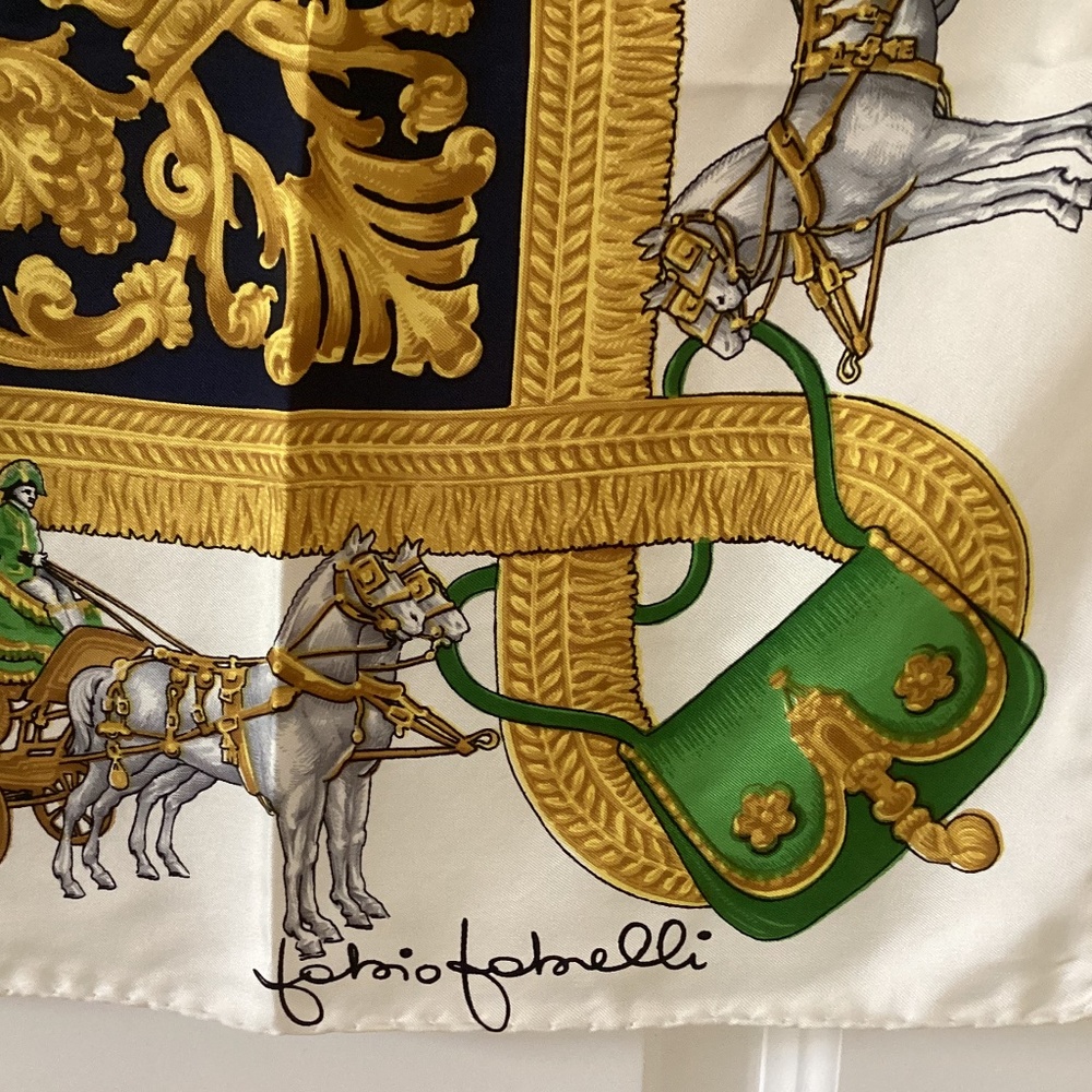 Fabio Fabelli Horse And Carriage Golden Scrolls 100%Silk Twill Scarf Hand Rolled